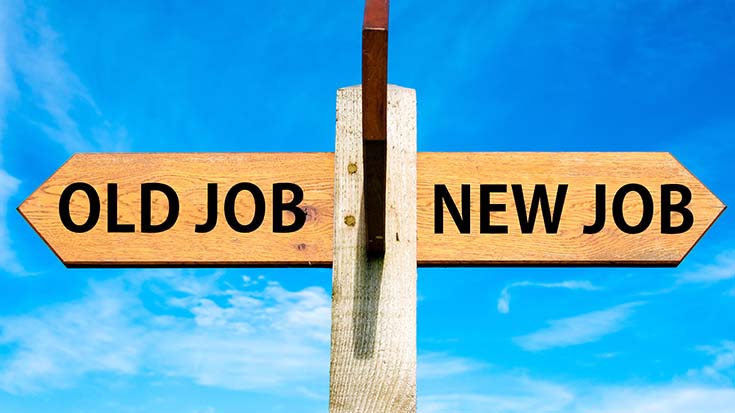 Images of wooden sign with one arrow pointing left, and one pointing right, that read "old job" and "new job" respectively.