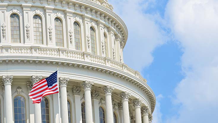 image of us captiol building with flag in foreground