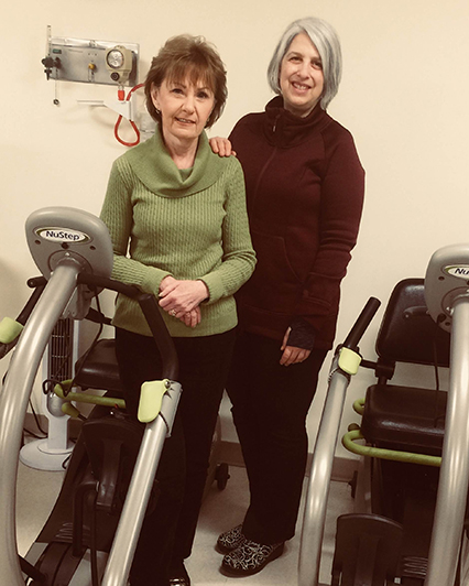 PriscillaPerruzzi, left, and her colleague and fellow AARC member Joelle Hochman, BA,RRT, deliver whole patient care in the pulmonary rehab program at Brigham and Women’s Hospital.