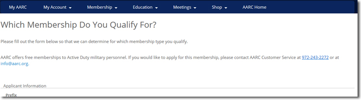 screenshot of membership form page