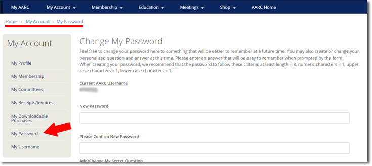 screenshot of myaarc password page