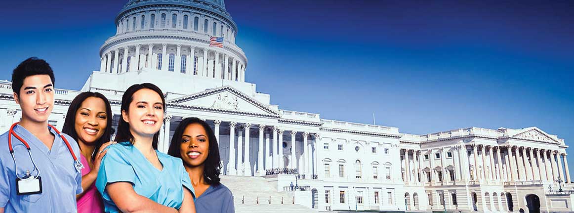 image of U.S. capitol with medical professionals in foreground