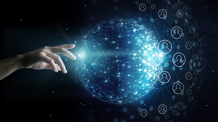 image of a hand reaching out and touching an expanding network web