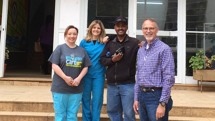 Becky Byrd, RRT, RRT-NPS, Karen Sawyer, RRT, RRT-NPS, Gashaw Tekele, RRT, and Phillip Platt, NNP-BC at St. Paul's Hospital Millennium Medical College (SPHMMC).