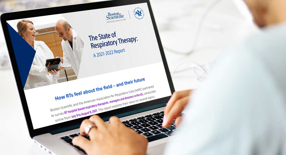 Laptop computer viewing The State of Respiratory Therapy report