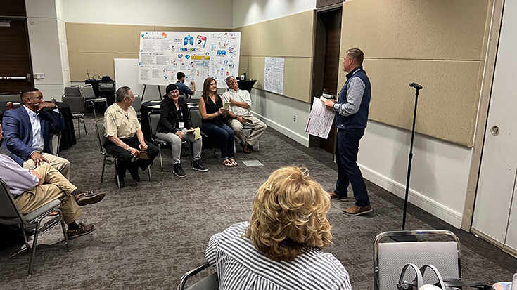 Portraying a high school class, Sam Giordano, Karen Schell, Lisa Trujillo, Rich Branson, and Bradley Kuch present out to the group.