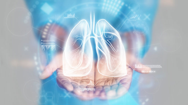 image of woman holding out hands with digital image of lungs